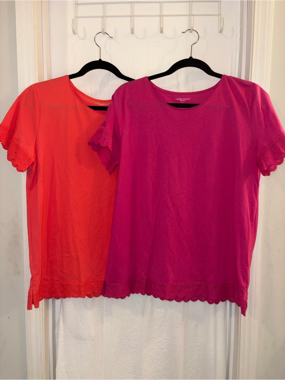 Two Laura Scott Magenta and Coral Short Sleeve Scallop-Hem Tees